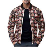 Veste Bombers Homme Noel Vintage Zippé Vestes de Travail Hommes Décontracté Coupe Ample Manteau Chic Et Elegant Imprimé Cardigan de Noël Blousons Classiques Extérieur Streetwear Cadeau Noël et Fête