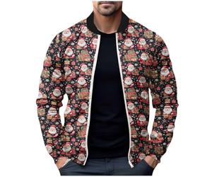 Veste Bombers Homme Noel Vintage Zippé Vestes de Travail Hommes Décontracté Coupe Ample Manteau Chic Et Elegant Imprimé Cardigan de Noël Blousons Classiques Extérieur Streetwear Cadeau Noël et Fête