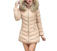 Veste Bouffante Mince En Coton Pour Femmes Manteaux En Duvet D'Hiver à Capuche En Fourrure Veste MatelasséE Coupe-Vent De Couleur Unie (Kaki,XL)