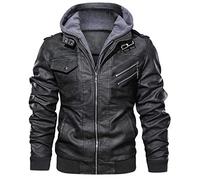 Veste capuche Homme Cuir,Hiver Veste en Cuir véritable Homme à Capuche Amovible Blouson Veste en Simili Cuir Manteau Chaud Coupe-Vent Moto Rétro Multi-Poches Blouson en PU Cuir Effet Vieilli Veste