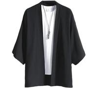 Veste Cardigan Japonaise Décontractée En Soie Glacée D'été Pour Hommes Tendance De Couleur Unie Cardigan D'extérieur Léger À Manches De Cinq Minutes (Noir,4TG)