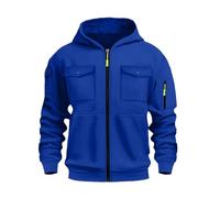 Veste cargo extensible pour homme - Patchwork - Fermeture éclair intégrale - Veste bomber de moto - Manteau uni à capuche avec plusieurs poches - Manches longues - Pour cyclisme, camping, bleu, S