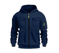 Veste cargo extensible pour homme - Patchwork - Fermeture éclair intégrale - Veste bomber de moto - Manteau uni à capuche avec plusieurs poches - Manches longues - Pour cyclisme, camping, bleu marine