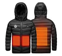 Veste Chauffant Enfants Electrique USB Garçons Filles Manteau Doudoune Chauffant avec 3 Zones de Chauffage avec Manches Longues et Capuche pour Camping Coupe-Vent Imperméable Ski Chasse camping