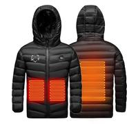Veste Chauffant USB Enfants Garçons Filles Manteau Doudoune Chauffant avec 3 Zones de Chauffage avec Manches Longues et Capuche pour Camping Coupe-Vent Imperméable Ski Chasse camping