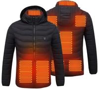 Veste Chauffante avec 9 Zones de Chaleur, Manteau Chauffant for Femme Homme avec Capuche Amovible, USB électrique à Chauffage Veste 3 Niveaux, Doudoune Chaude Imperméable (Color : Black, Size : XL)