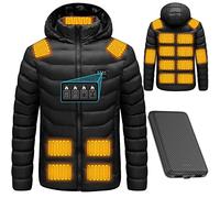 Veste Chauffante pour Hommes Femmes Gilet Chauffant Électrique USB Rechargeable Hiver Chaleur Chauffage Manches Longues Doudounes avec Capuche Amovible,L,Black