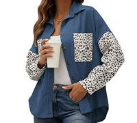 Veste-Chemise Ample en Velours CôTelé pour Femme Veste BoutonnéE à Imprimé LéOpard à Manches Longues Manteau DéContracté en Patchwork (Bleu,L)