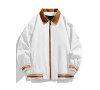 Veste coupe-vent décontractée à col à la mode printemps automne pour hommes veste de baseball de l'équipe scolaire preppy de couleur unie à fermeture éclair (Blanc cassé,Grand)