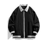 Veste coupe-vent décontractée à col à la mode printemps automne pour hommes veste de baseball de l'équipe scolaire preppy de couleur unie à fermeture éclair (Noir,Grand)