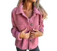 Veste Courte à Revers Chaude pour Femme, Cardigan Ouvert sur Le Devant, Manteau Boutonné Décontracté, Veste Polaire à Manches Longues pour Femme, Col à Revers Décontracté (Rose,L)
