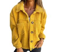 Veste Courte à Revers Chaude pour Femme, Cardigan Ouvert sur Le Devant, Manteau Boutonné Décontracté, Veste Polaire à Manches Longues pour Femme, Col à Revers Décontracté (Jaune,XL)