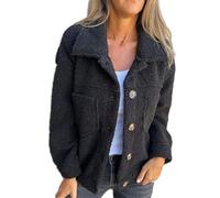 Veste Courte à Revers Chaude pour Femme, Cardigan Ouvert sur Le Devant, Manteau Boutonné Décontracté, Veste Polaire à Manches Longues pour Femme, Col à Revers Décontracté (Noir,M)