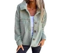 Veste Courte à Revers Chaude pour Femme, Cardigan Ouvert sur Le Devant, Manteau Boutonné Décontracté, Veste Polaire à Manches Longues pour Femme, Col à Revers Décontracté (Vert,L)