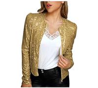 Veste courte boléro à paillettes pour femme - Couleur unie - Veste de loisirs - Fermeture éclair - Manteau à manches longues - Blazer - Vêtement de fête - Veste crop, or, L