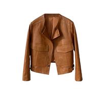 Veste courte de style motard pour femme avec poches cargo, col montant, boutons recouverts de peau de mouton véritable, vêtements d'extérieur en cuir à manches longues, marron, L