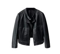 Veste courte de style motard pour femme avec poches cargo, col montant, boutons recouverts de peau de mouton véritable, vêtements d'extérieur en cuir à manches longues, Noir , S