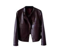 Veste courte de style motard pour femme avec poches cargo, col montant, boutons recouverts de peau de mouton véritable, vêtements d'extérieur en cuir à manches longues, bordeaux, L