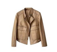 Veste courte de style motard pour femme avec poches cargo, col montant, boutons recouverts de peau de mouton véritable, vêtements d'extérieur en cuir à manches longues, kaki, L