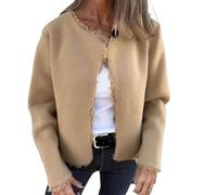 Veste courte décontractée à col rond et à manches longues en fourrure tournée pour femme, veste courte décontractée ouverte sur le devant, nouveau caban à un bouton, kaki, M