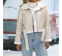 Veste courte d'hiver pour femmes en fausse fourrure d'agneau , avec col cranté, fermeture éclair, style bomber et aviateur L,M,S,XL,XSUnicolorePolyuréthane