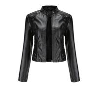 Veste courte en cuir pour femme avec col montant et fermeture éclair chaude pour l'automne et l'hiver, noir, Small