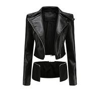 Veste courte en cuir pour femme - Veste d'automne élégante - Couleur unie - En cuir synthétique - Avec poches zippées - Veste de motard imperméable - Veste d'extérieur pour femme, Noir 56, M