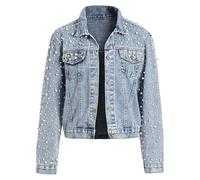 Veste courte en jean élégante avec perles et strass élégants pour une déclaration de mode, bleu, 5XL