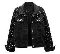 Veste courte en jean élégante avec perles et strass élégants pour une déclaration de mode, Noir , L