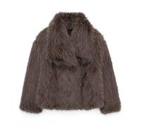 Veste courte pour femme en fausse fourrure à poils longs avec manches longues et boutons chaud d'hiver avec poches, marron, S