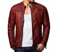 Veste courte tendance et polyvalente en cuir pour homme - Automne et hiver - Style décontracté - Avec fermeture éclair - Poche - Vêtements de baseball - Veste volante - Veste foncée, Rouge, S