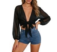 Veste courte type boléro pour femme devant avec cravate manches 3/4 légère d'été avec écharpe à manches longues ouverte sur le devant pour nouer une seule couleur fête originale chemise ouverte, Noir