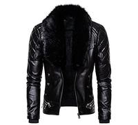 Veste Cuir Hommes Coupe Ajustée Revers Couleur Unie Veste Coupe-Vent Hommes Outdoor Cyclisme Veste Moto Blouson Mode Punk Style Plus Doublure en Polaire Veste Hommes Col Fourrure Amovible