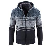 Veste D Intérieur Homme Hommes décontracté Hiver Rayures imprimé à Capuche Fermeture éclair à Manches Longues Poche Chaud Cardigan lâche Tricot Veste Manteau pour Le Travail à Gilet (Blue, XXXL)