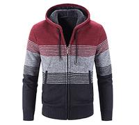 Veste D Intérieur Homme Hommes décontracté hiver rayures imprimé à capuche fermeture éclair à manches longues poche chaud Cardigan lâche tricot veste manteau pour le travail à Gilet Polaire (Red, XXL)