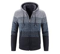 Veste D Intérieur Homme Hommes décontracté Hiver Rayures imprimé à Capuche Fermeture éclair à Manches Longues Poche Chaud Cardigan lâche Tricot Veste Manteau pour Le Travail à Gilet Polaire (Grey, L)