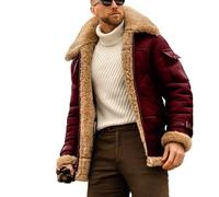 Veste d'aviateur en Peau De Mouton Cuir Bombardier pour Hommes,Rouge,M