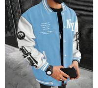 Veste de baseball à imprimé slogan et colorblocking bleu clair pour hommes, veste de baseball, veste NY, automne L,M,S,XL,XS,XXLBlocs de couleur,SloganTissu tricoté