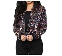Veste de Baseball à Sequins Femmes Scintillant Sequin À Manches Longues Veste Zip Avant Bomber Biker Manteau Outwear Paillettes Fête Brillant Vêtements D'Extérieur Manteau Automne Hiver Vintage