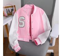 Veste de baseball courte blocs de couleurs pour filles avec patch, vêtement de sport pour l'automne 8Y,9Y,10Y,11-12YBlocs de couleurPolyester