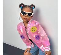 Veste de baseball pour jeunes filles en vacances avec visage souriant brodé en 3D sur serviette vibrante. Avec tissu réfléchissant pour une tenue d'hiver 6Y,7Y,4Y,5YAnimal,Cartoon,Portrait,Géométrique