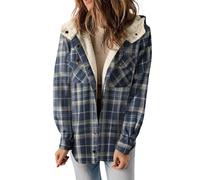Veste de bûcheron doublée pour femme - Manches longues - Tunique à boutons - Élégante chemise à manches longues avec capuche - T-shirt long à carreaux - Shacket - T-shirt d'automne et de printemps