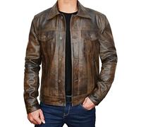 Veste de camionneur en cuir véritable pour homme - Col de chemise Western Cowboy Fashion Leather Jacket, marron vintage, XXL