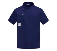 Veste de Chef Homme Manches Courtes - Chemise de Cuisine Taille Régulière, Col Montant, Uniforme Restaurant Été, Tenue Professionnelle Unisexe Respirante pour Cuisiniers(Blue,S)