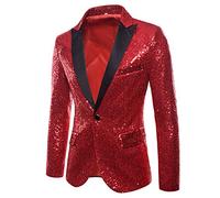 Veste de costume à paillettes brillantes pour homme - Blazer à un bouton pour fête, mariage, banquet, bal de fin d'année, Rouge, S