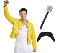 Veste de costume rock Queen des années 80, micro et Tash pour homme - Costume rétro des années 80 - Costume d'Halloween classique pour homme, fête, festival, spectacle de scène, icône de musique