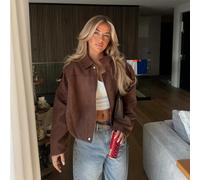 Veste de couleur unie avec poche zippée à l'avant, veste bomber décontractée à manches longues pour femmes, veste décontractée synthétique marron L,M,S,XL,XSTissu tissé