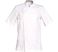 Veste de cuisine homme femme chef cuisinier professionnel manches courtes avec col officier poche stylo. Fermeture par pressions cachées taille XS à XXXL (Blanc, XS)