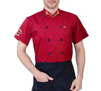 Veste de cuisinier pour homme - Col montant - Manches courtes - Pour cuisine, restaurant, chef, rouge, 4XL