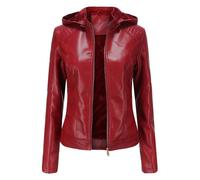 Veste de Femme de cuir femme Chapeau détachable épaississant plus de velours anti-vent imperméable de moto Veste,Rouge XXL